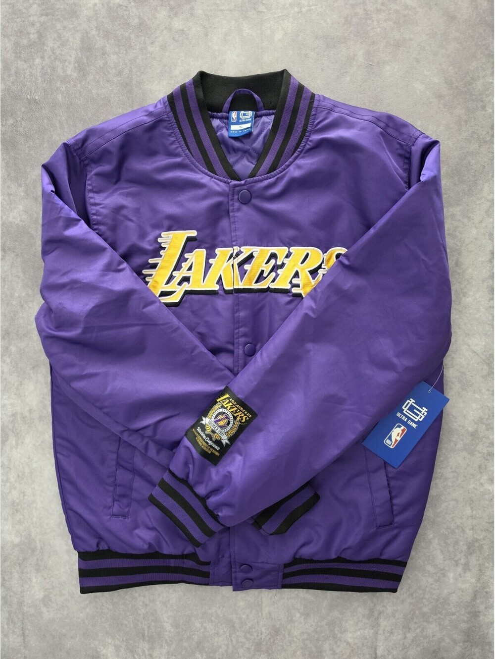 SKU0337 Ultra Game LA Lakers Men's Small Purple Varsity Bomber Jacket NBA NWT